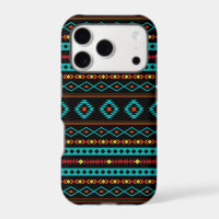 Aztec Teal Reds Yellow Black Mixed Motifs Pattern
