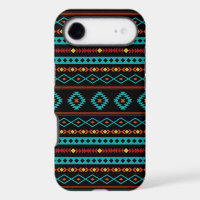 Aztec Teal Reds Yellow Black Mixed Motifs Pattern