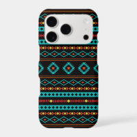 Aztec Teal Reds Yellow Black Mixed Motifs Pattern