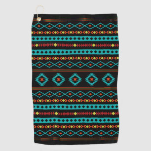 Aztec Teal Reds Yellow Black Mixed Motifs Pattern Golf Towel