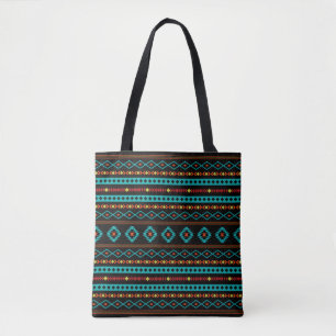 Aztec Teal Reds Yellow Black Mixed Motifs Pattern Tote Bag