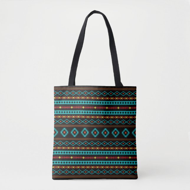 Aztec Teal Reds Yellow Black Mixed Motifs Pattern Tote Bag (Front)