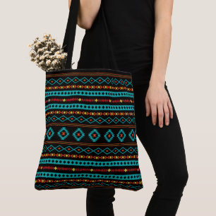 Aztec Teal Reds Yellow Black Mixed Motifs Pattern Tote Bag