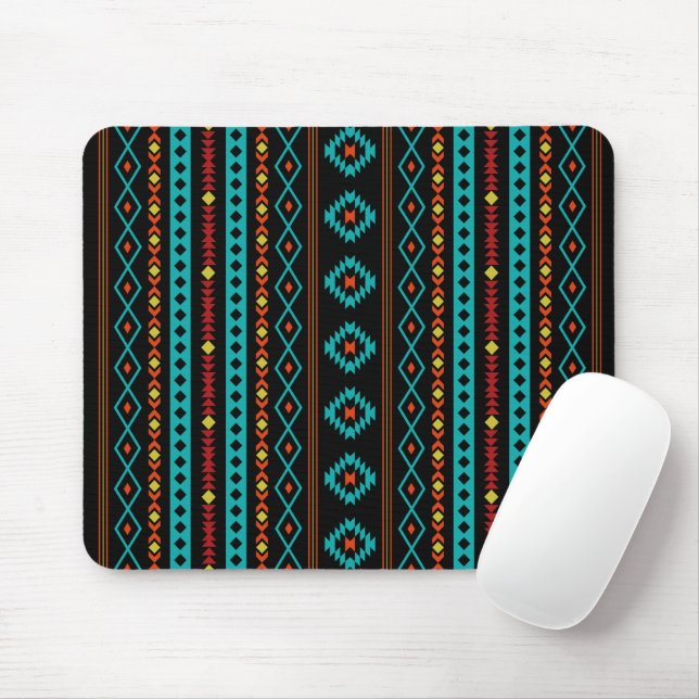 Aztec Teal Reds Yellow Blk Mixed Motifs V Pattern Mouse Mat (With Mouse)
