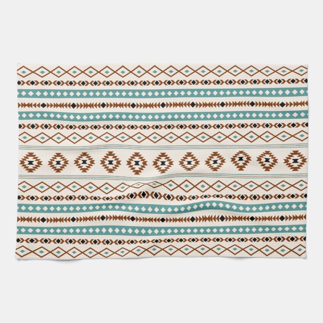 Aztec Teal Terracotta Black Cream Mixed Pattern Tea Towel (Horizontal)