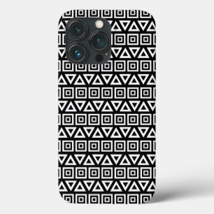 Aztec Triangles+Squares Pattern White on Black iPhone 13 Pro Case