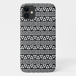 Aztec Triangles+Squares Pattern White on Black iPhone 11 Case