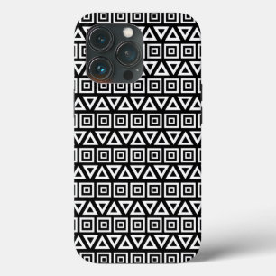 Aztec Triangles+Squares Pattern White on Black iPhone 13 Pro Case