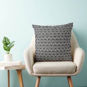 Aztec Triangles+Squares Pattern White on Black Cushion