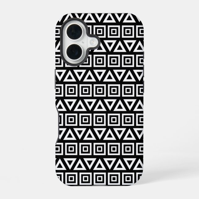 Aztec Triangles+Squares Pattern White on Black iPhone 16 Case (Back)