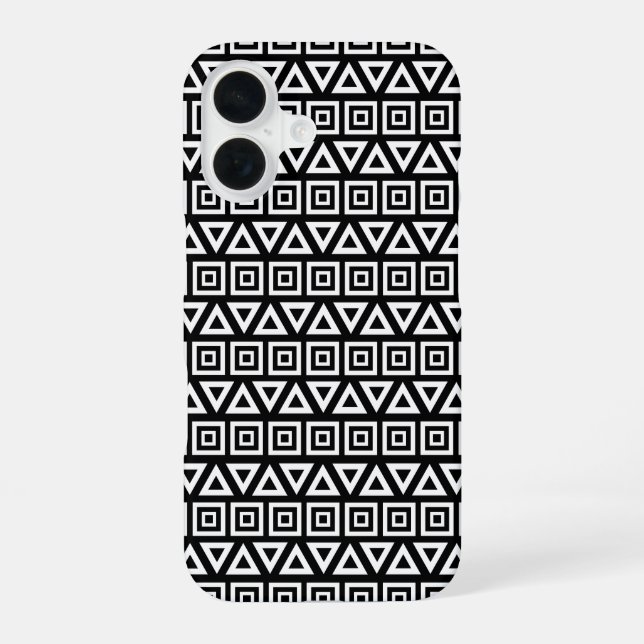 Aztec Triangles+Squares Pattern White on Black iPhone 16 Case (Back)