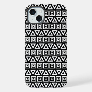 Aztec Triangles+Squares Pattern White on Black iPhone 15 Plus Case