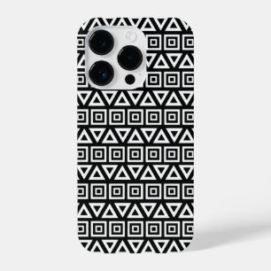 Aztec Triangles+Squares Pattern White on Black iPhone 14 Pro Case