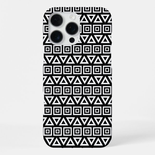 Aztec Triangles+Squares Pattern White on Black iPhone Case (Back)