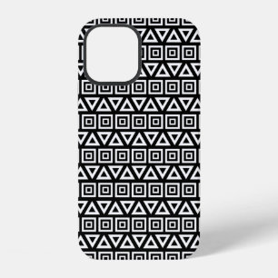 Aztec Triangles+Squares Pattern White on Black iPhone 12 Case