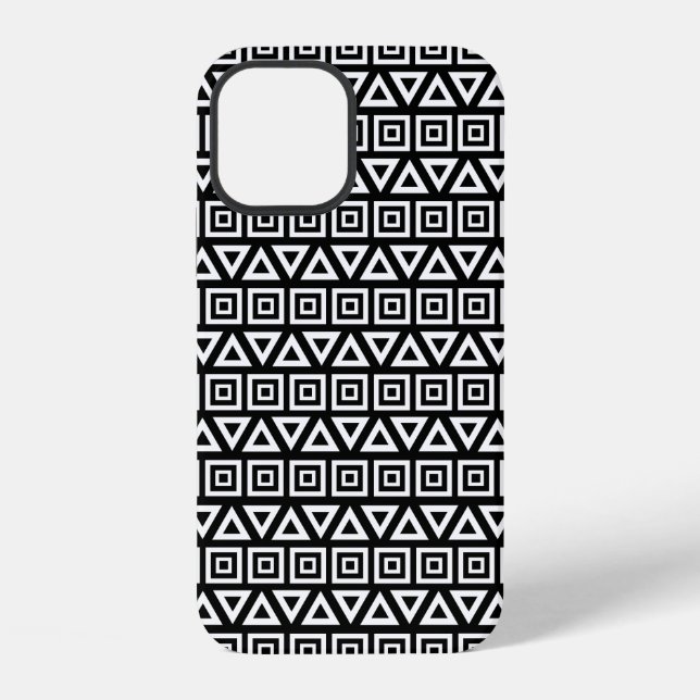 Aztec Triangles+Squares Pattern White on Black iPhone Case (Back)