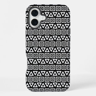 Aztec Triangles+Squares Pattern White on Black iPhone 16 Plus Case