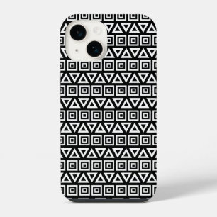 Aztec Triangles+Squares Pattern White on Black iPhone 14 Case