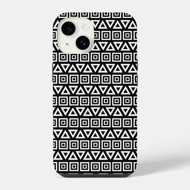 Aztec Triangles+Squares Pattern White on Black iPhone Case (Back)