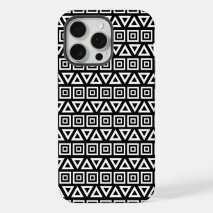Aztec Triangles+Squares Pattern White on Black iPhone 15 Pro Max Case