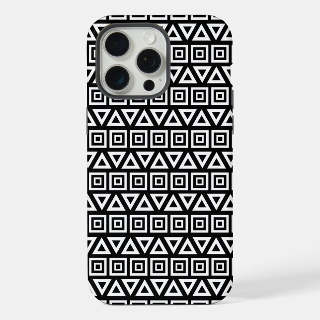 Aztec Triangles+Squares Pattern White on Black iPhone Case (Back)