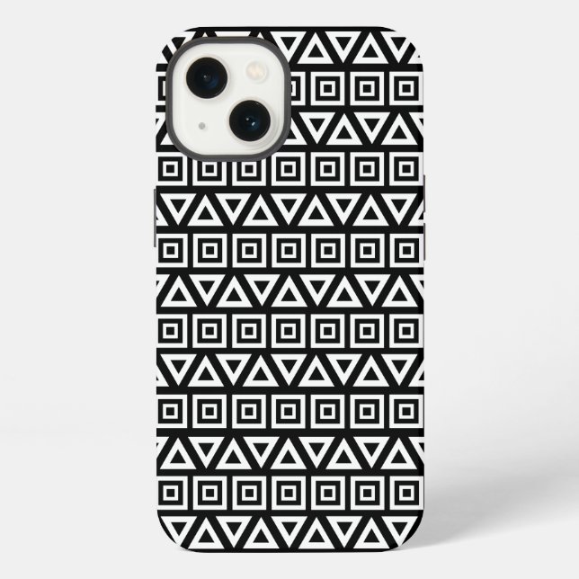 Aztec Triangles+Squares Pattern White on Black iPhone Case (Back)