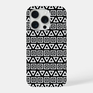 Aztec Triangles+Squares Pattern White on Black iPhone 15 Pro Case