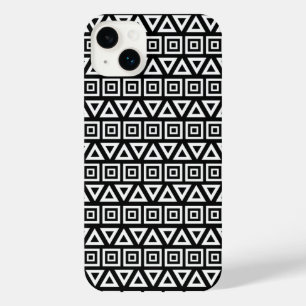Aztec Triangles+Squares Pattern White on Black iPhone 14 Plus Case