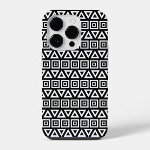 Aztec Triangles+Squares Pattern White on Black iPhone 14 Pro Case