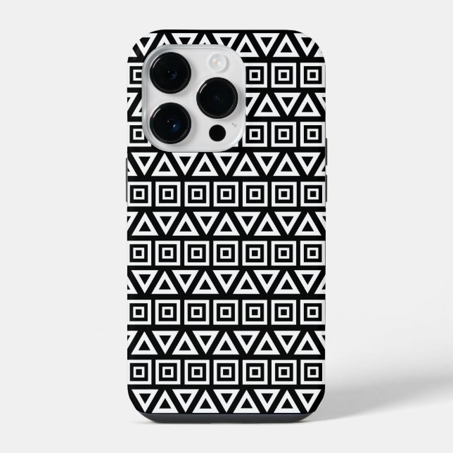 Aztec Triangles+Squares Pattern White on Black iPhone Case (Back)