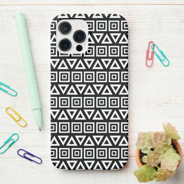 Aztec Triangles+Squares Pattern White on Black iPhone Case (On Desk)