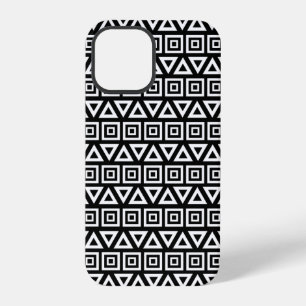 Aztec Triangles+Squares Pattern White on Black iPhone 12 Pro Case