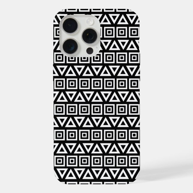 Aztec Triangles+Squares Pattern White on Black iPhone Case (Back)