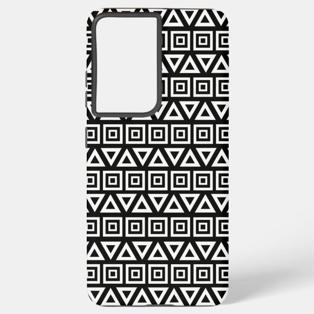 Aztec Triangles+Squares Pattern White on Black Samsung Galaxy S21 Ultra Case (Back)