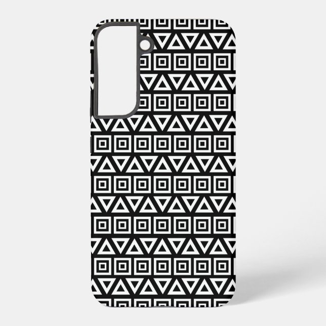 Aztec Triangles+Squares Pattern White on Black Samsung Galaxy S22+ Case (Back)