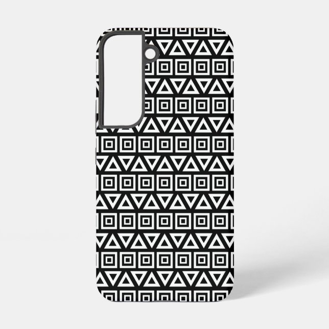 Aztec Triangles+Squares Pattern White on Black Samsung Galaxy S22 Case (Back)