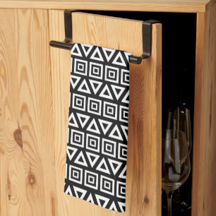 Aztec Triangles+Squares Pattern White on Black Tea Towel