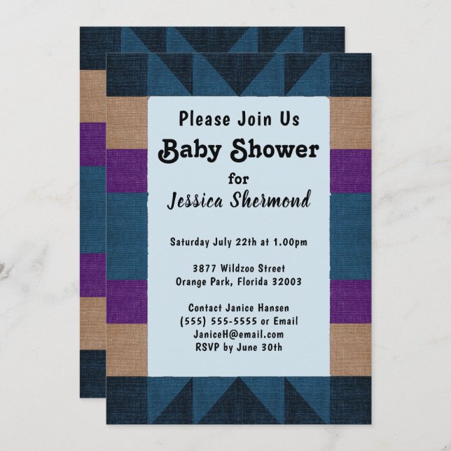 Aztec Tribal Abstract Baby Shower Blue Purple Tan Invitation (Front/Back)