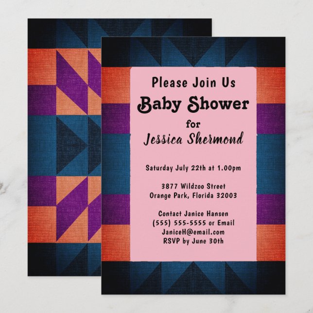 Aztec Tribal Artsy Baby Shower Blue Purple Orange Invitation (Front/Back)