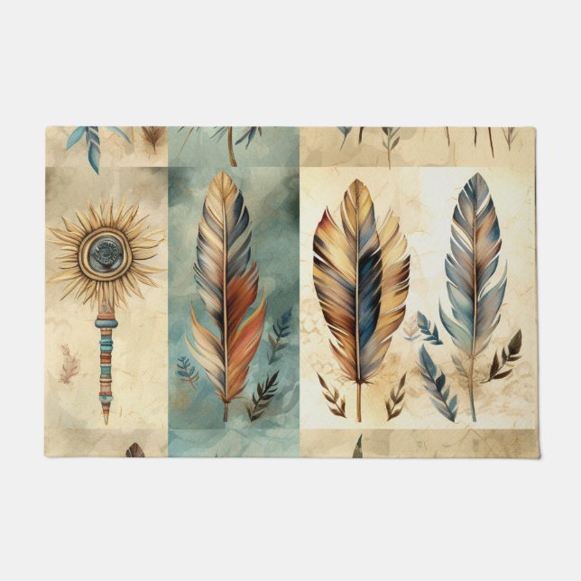 Aztec Tribal Feathers Medicine Stick Doormat (Front)
