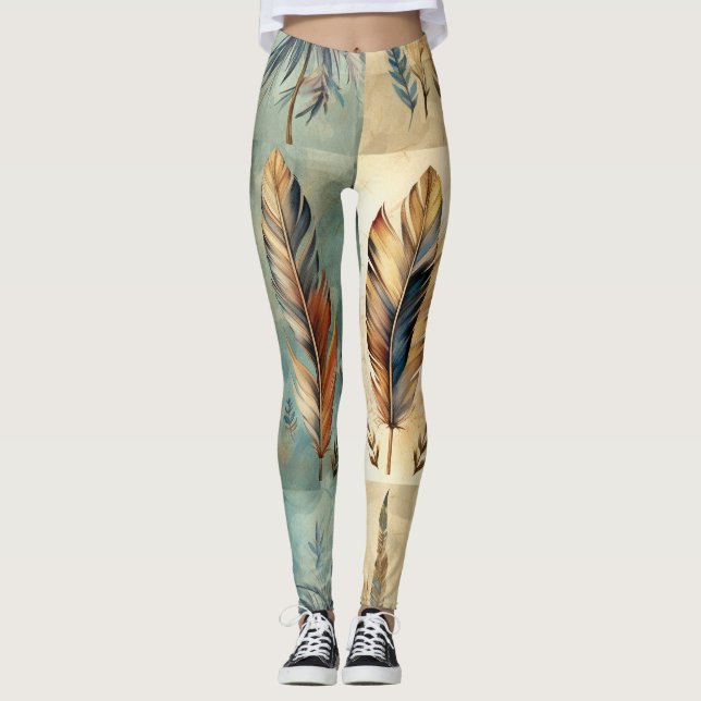 Aztec Tribal Feathers Medicine Stick Leggings (Front)