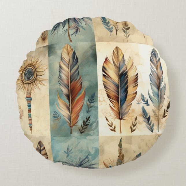 Aztec Tribal Feathers Medicine Stick Round Cushion (Front)