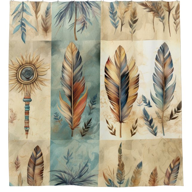 Aztec Tribal Feathers Medicine Stick Shower Curtain (Front)