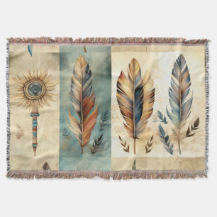Aztec Tribal Feathers Medicine Stick Throw Blanket