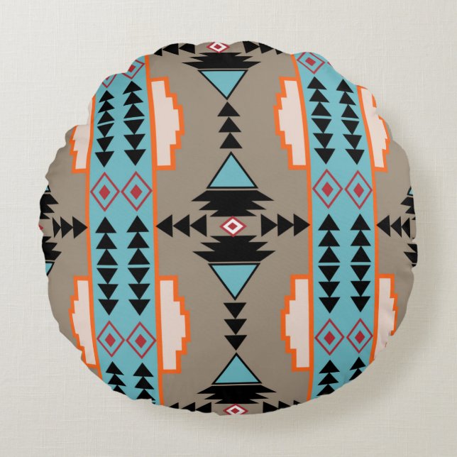 Aztec Tribal Geometric Round Cushion (Front)