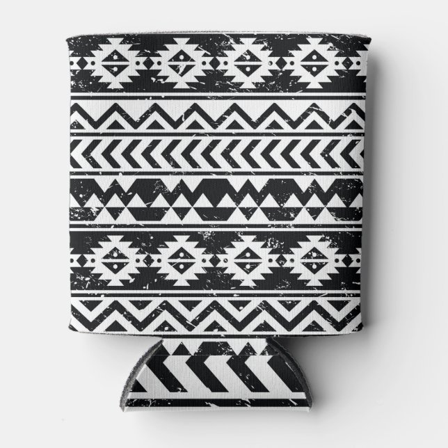 Aztec tribal: grunge white pattern. can cooler (Front)