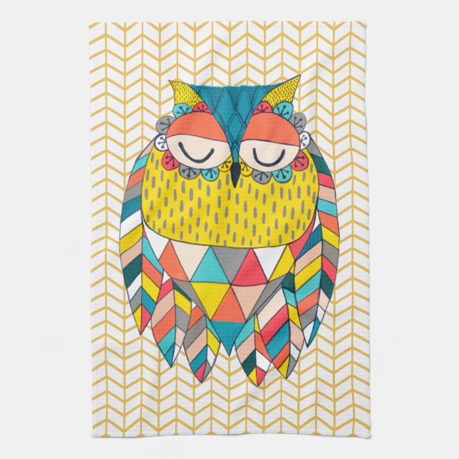 Aztec Tribal Modern Owl Illustration Kitchen Towel (Vertical)