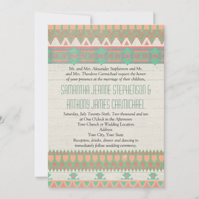 Aztec Tribal Native Pastel Peach/Aqua Invitation (Front)