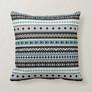 Aztec Tribal Pattern in Aqua and Black Cushion