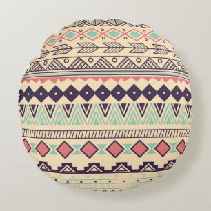 Aztec tribal pattern in stripes, vintage illustrat round cushion